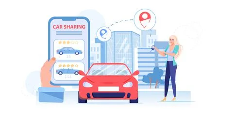 Flat cartoon character use car sharing service with mobile app,vector Stock Illustration