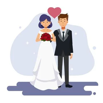 Flat cartoon character vector illustration of cute couple marriage. bride and Stock Illustration