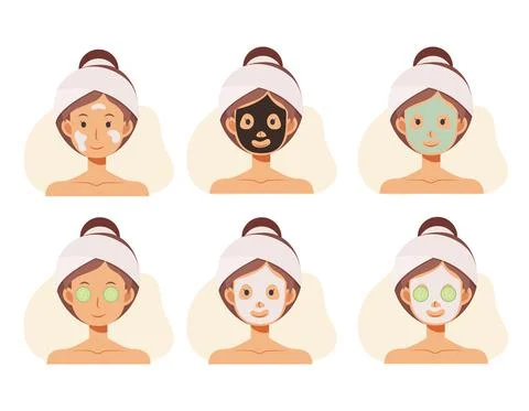 Flat cartoon character vector illustration of woman faces with facials. face  Stock Illustration