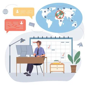 Flat cartoon character,remote online work during coronavirus pandemic quarantine Stock Illustration