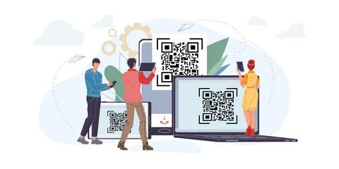 Flat cartoon characters with blank screen phones tablets,QR scan vector Stock Illustration