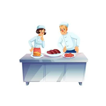 Flat cartoon characters chef assistants cooks meal,choosing ingredients Stock Illustration