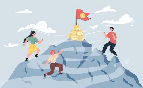 Flat cartoon characters climbing to coins on mountain top,pursuit of financials Stock Illustration