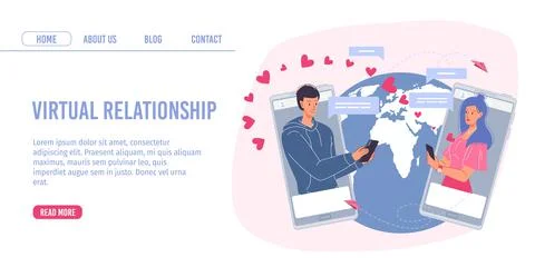 Flat cartoon characters couple,online date love chat,Valentine Day greeting card Stock Illustration