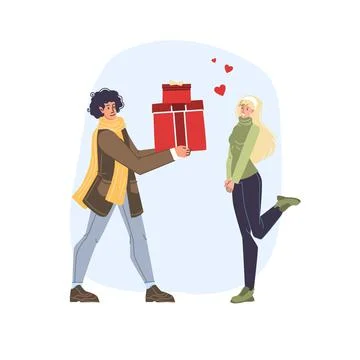 Flat cartoon characters couple,present gifting,vector illustration concept Illustrazione stock