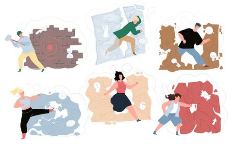 Flat cartoon characters destroying walls,success achieving metaphor vector Stock Illustration