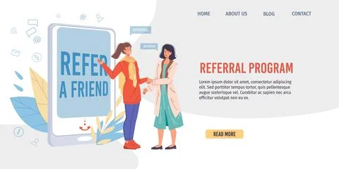 Flat cartoon characters get acquainted using mobile app,referral program vector Stock Illustration