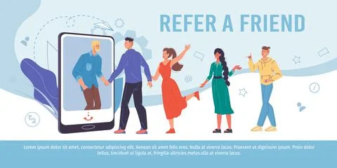 Flat cartoon characters get acquainted using mobile app,referral program vector Stock Illustration