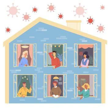 Flat cartoon characters at home in self quarantine during coronavirus pandemic Stock Illustration