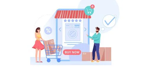 Flat cartoon characters make online buys,order delivery service vector Stock Illustration