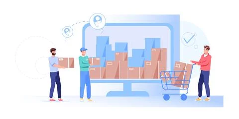 Flat cartoon characters receiving online buys,order delivery service vector Stock Illustration