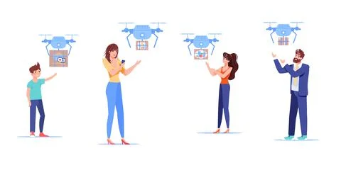 Flat cartoon characters receiving online buys,drone delivery service vector Illustrazione stock