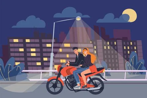 Flat cartoon characters riding motorcycle,vector illustration concept Illustrazione stock