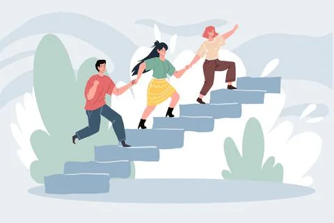 Flat cartoon characters runs up the stairs,effective teamwork and success Stock Illustration
