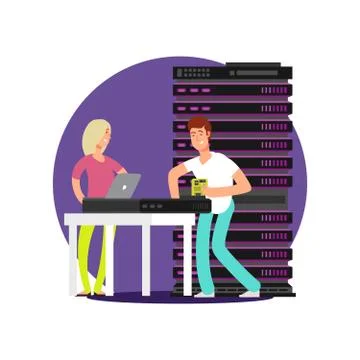 Flat cartoon characters server administrators Illustrazione stock