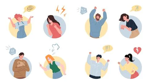 Flat cartoon characters set in aggressive mood, vector illustration concept Stock Illustration