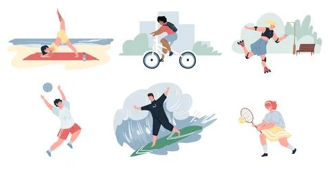 Flat cartoon characters set doing sport activities,set of vector illustrations Stock Illustration