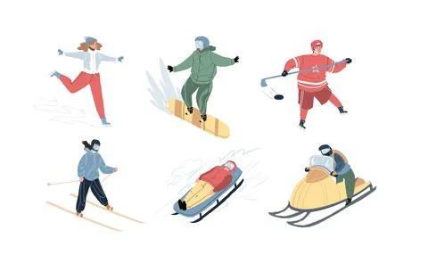Flat cartoon characters set doing sport activities,set of vector illustrations Illustrazione stock