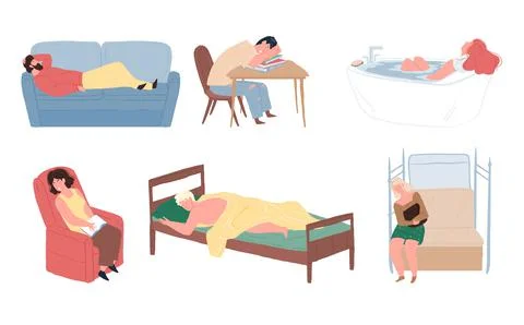 Flat cartoon characters sleeping in different places,vector illustration concept Stock-Illustration