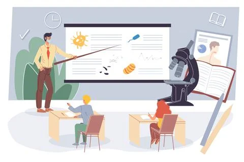 Flat cartoon characters students and teacher,offline online education vector Stock Illustration
