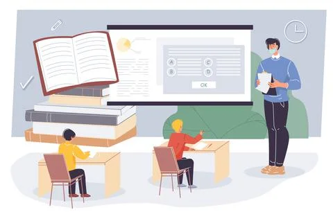 Flat cartoon characters students and teacher,offline online education vector Stock-Illustration