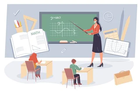 Flat cartoon characters students and teacher,offline online education vector Stock-Illustration