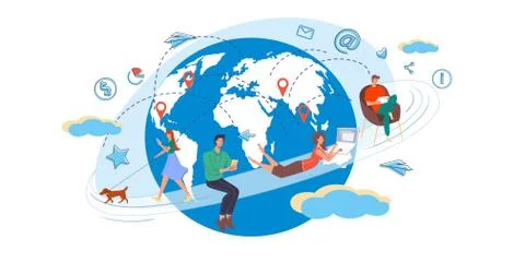 Flat cartoon characters surfing internet, vector illustration concept Stock Illustration