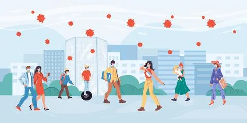 Flat cartoon characters walking outside in coronavirus quarantine time, vector Stock Illustration