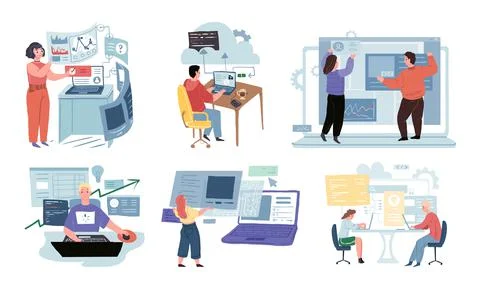 Flat cartoon characters,business development workflow vector illustration Illustrazione stock