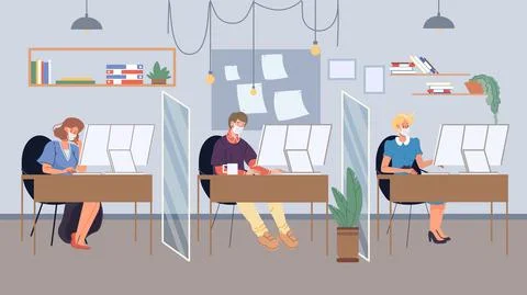 Flat cartoon characters,workflow in office during coronavirus pandemic Stock-Illustration