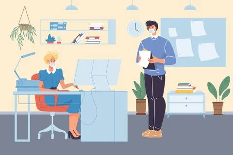 Flat cartoon characters,workflow in office during coronavirus pandemic Stock Illustration