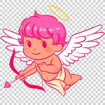 Flat cartoon cherub is floating on transparent background, with golden halo, Stock Illustration