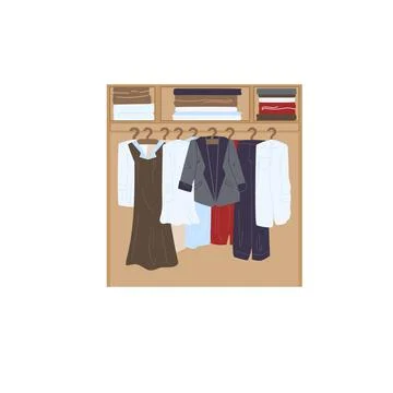 Flat cartoon clothes wardrobe with different dresses,fashion shopping vector Illustrazione stock