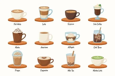 Flat Cartoon Coffee Drinks, Vector Illustration. Flat White, Latte, Espresso Illustrazione stock