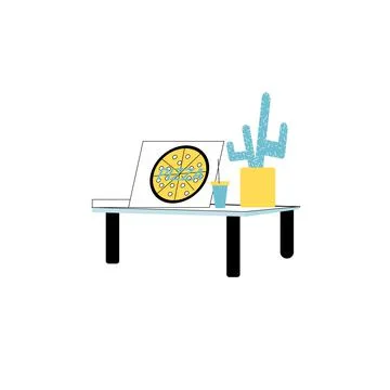 Flat cartoon coffee table with pizza,restaurant and cafe dishes,food delivery Stock Illustration