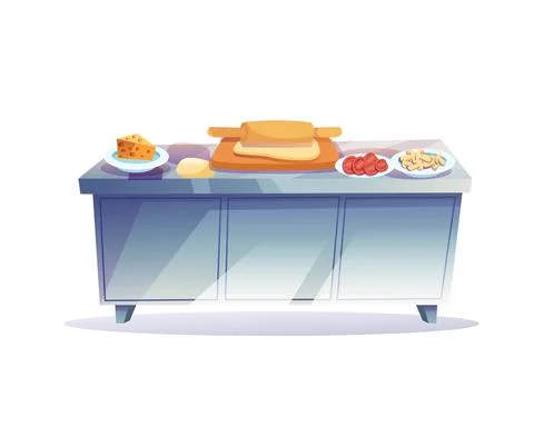 Flat cartoon cooking table with rolling pin,dough and food ingredients,home Stock Illustration
