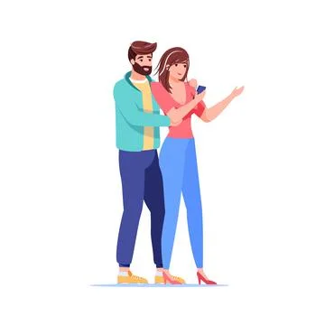 Flat cartoon couple characters making selfie,vector illustration concept Stock Illustration