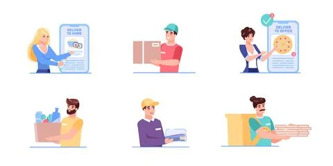 Flat cartoon courier characters set,online delivery service vector illustration Stock-Illustration