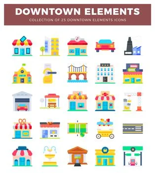 Flat cartoon downtown elements collection with various icons. Stock Illustration