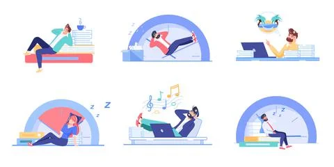 Flat cartoon employee characters procrastination set,at work vector illustration Stock Illustration