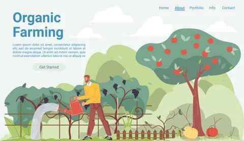 Flat cartoon farmer character grows crops, vector landing page concept Stock Illustration