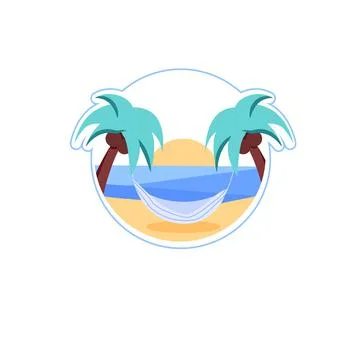 Flat cartoon hammock stretched between palm trees,tourism,vacation at sea vector Stock Illustration