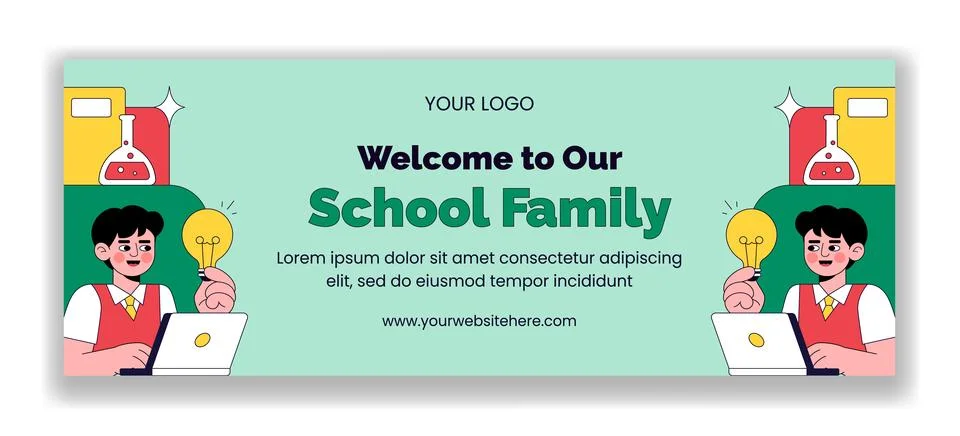 Flat Cartoon Hand Drawn Background School Social Media Cover Design Stock Illustration