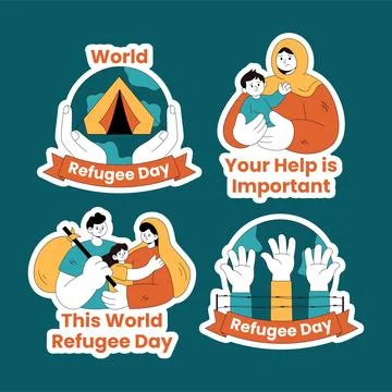Flat Cartoon Hand Drawn Label Social Media World Refugee Day Illustration Stock Illustration