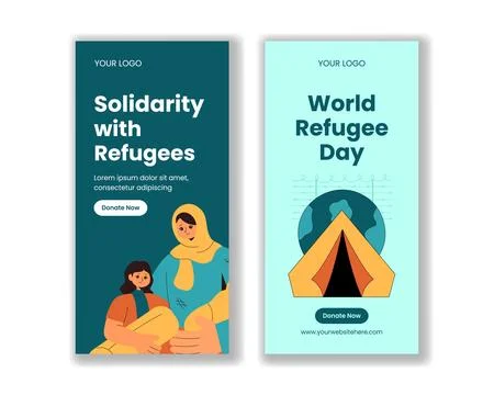 Flat Cartoon Hand Drawn Vertical Banner Social Media World Refugee Day Back.. Stock Illustration