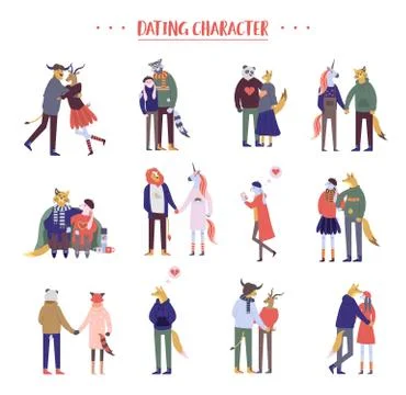 Flat cartoon happy romantic couples walking together on white background Stock Illustration