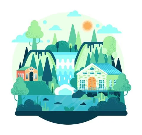 Flat cartoon illustration tree, sky, clouds, waterfall, ground, and house Stock Illustration