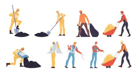 Flat cartoon industrial workers characters at work set,vector illustration Stock Illustration