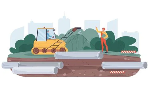 Flat cartoon industrial workers characters at pipeline construction work,vector Stock Illustration