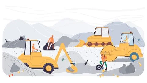 Flat cartoon industrial workers characters at garbage disposal recycling work Stock Illustration